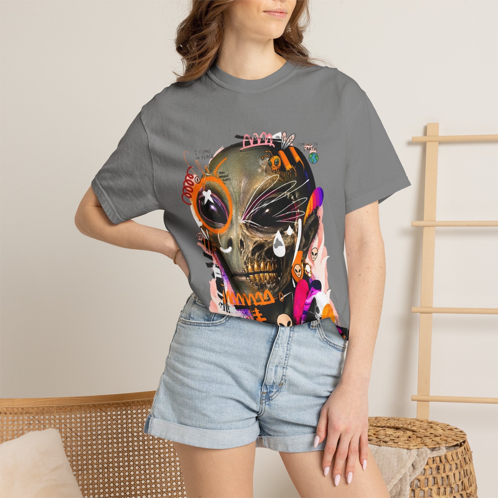 Skull Graffiti T-Shirt — Abstract Neon Alien Street Art Tee