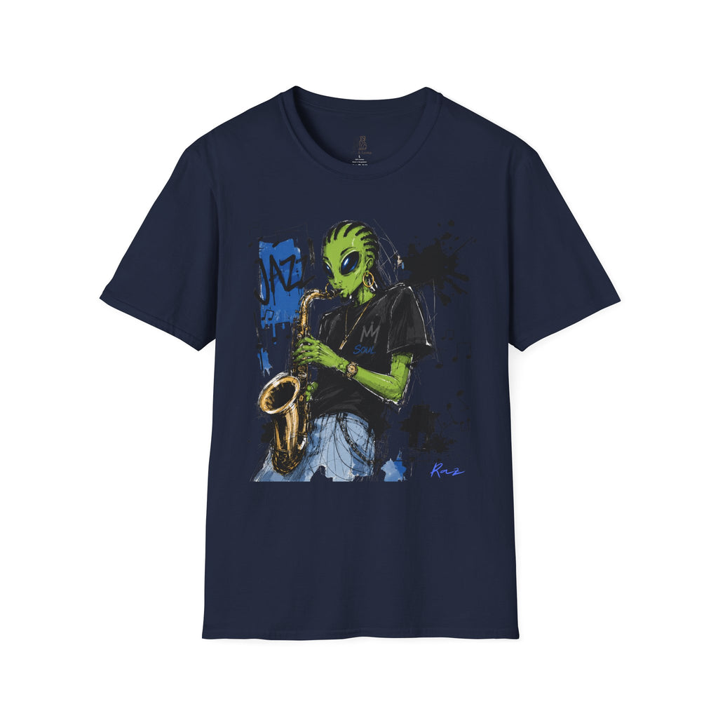 Raz Jazz Saxophone T-Shirt — Green Extraterrestrial Music Tee-Tito & Raz Edition