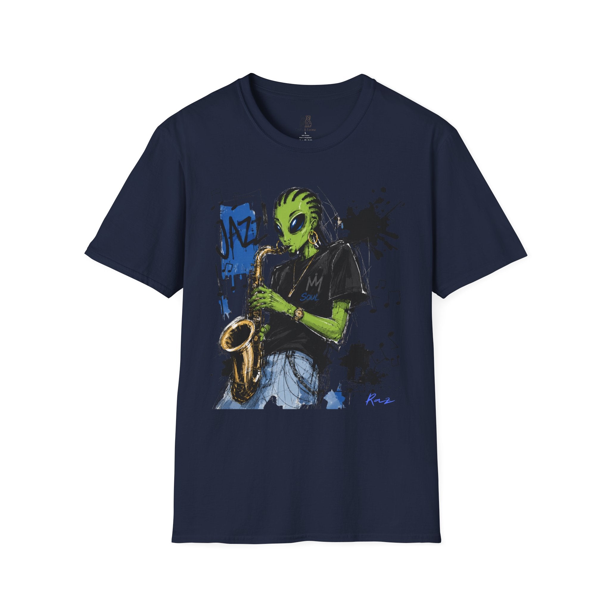 Raz Jazz Saxophone T-Shirt — Green Extraterrestrial Music Tee-Tito & Raz Edition