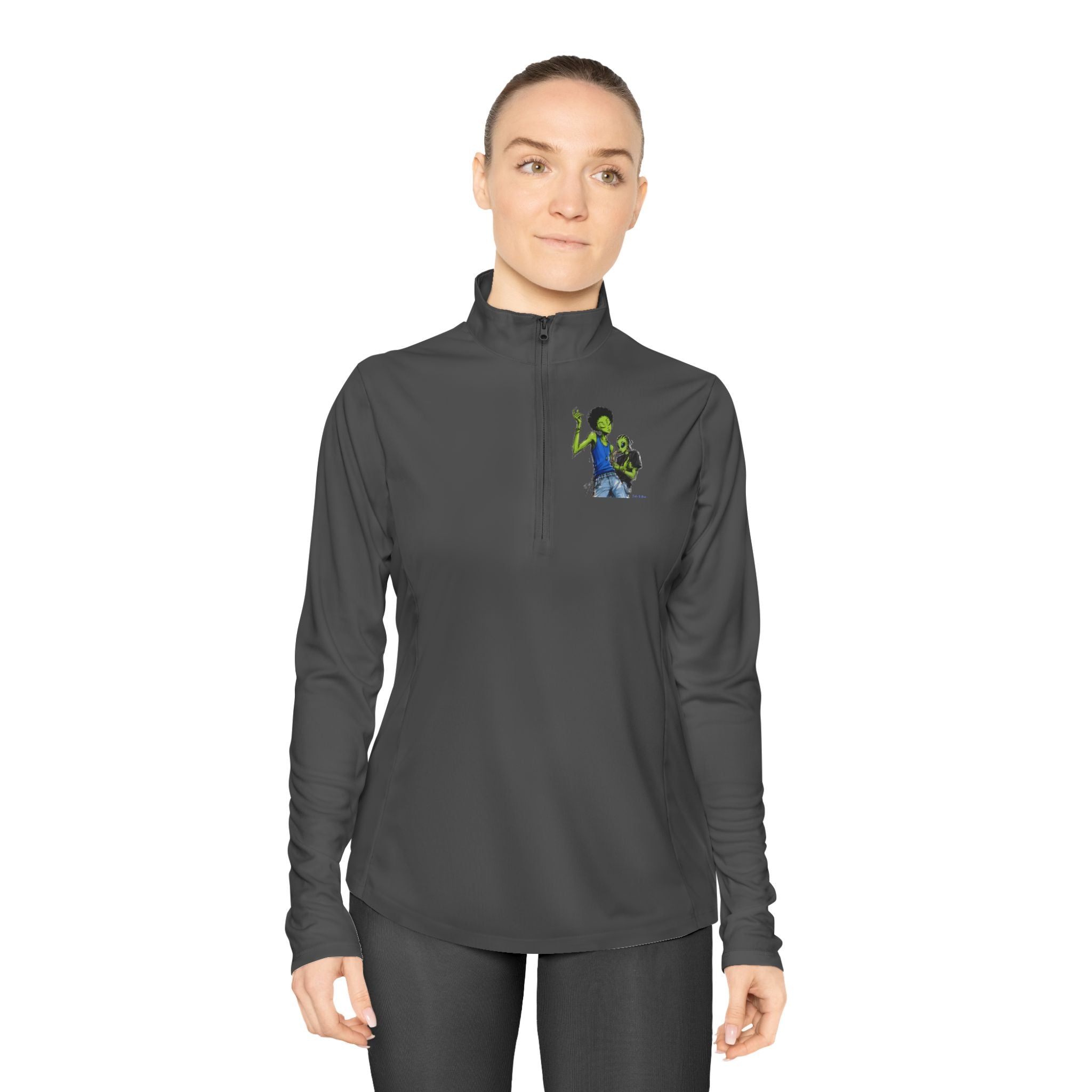 Ladies Quarter-Zip Pullover — Green Alien Pose Embroidered Performance Top