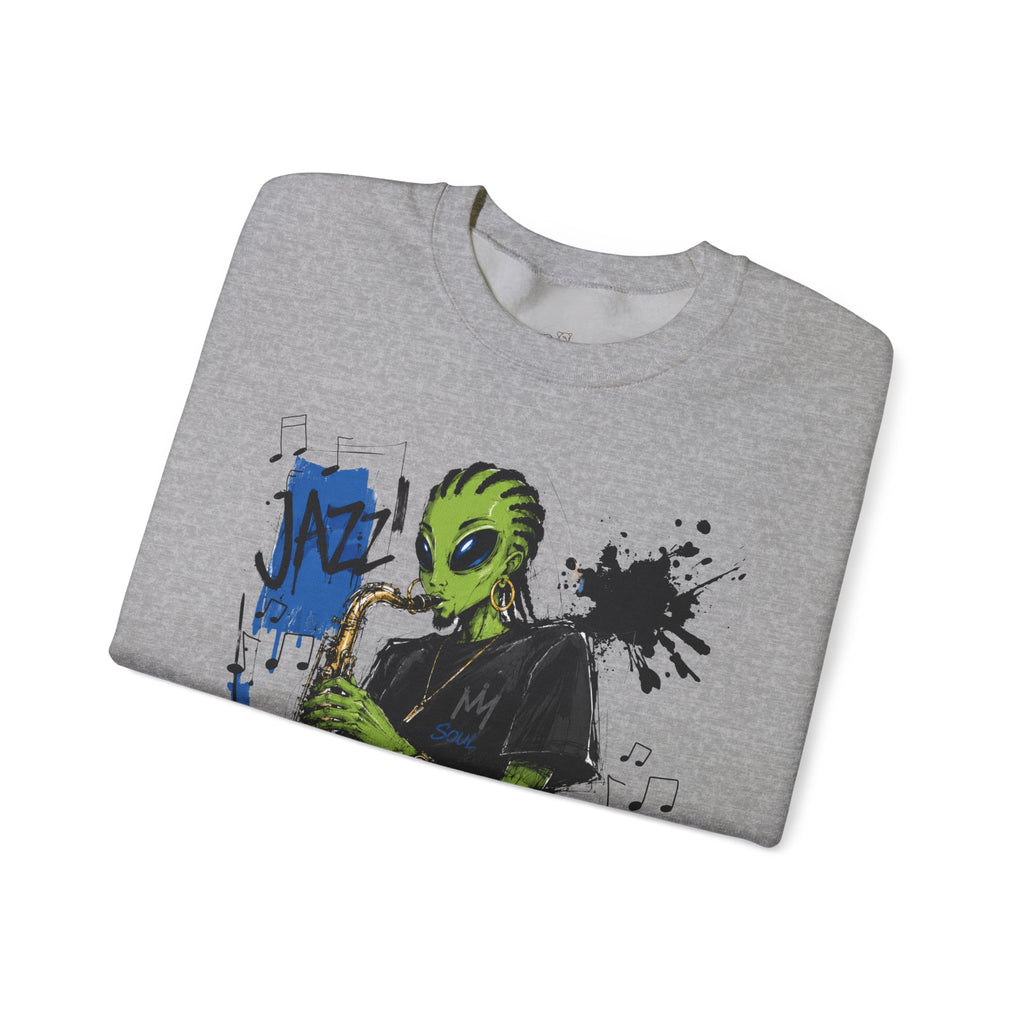 Alien Jazz Crewneck Sweatshirt — Green Extraterrestrial Sax Player Design-Tito & Raz Edition