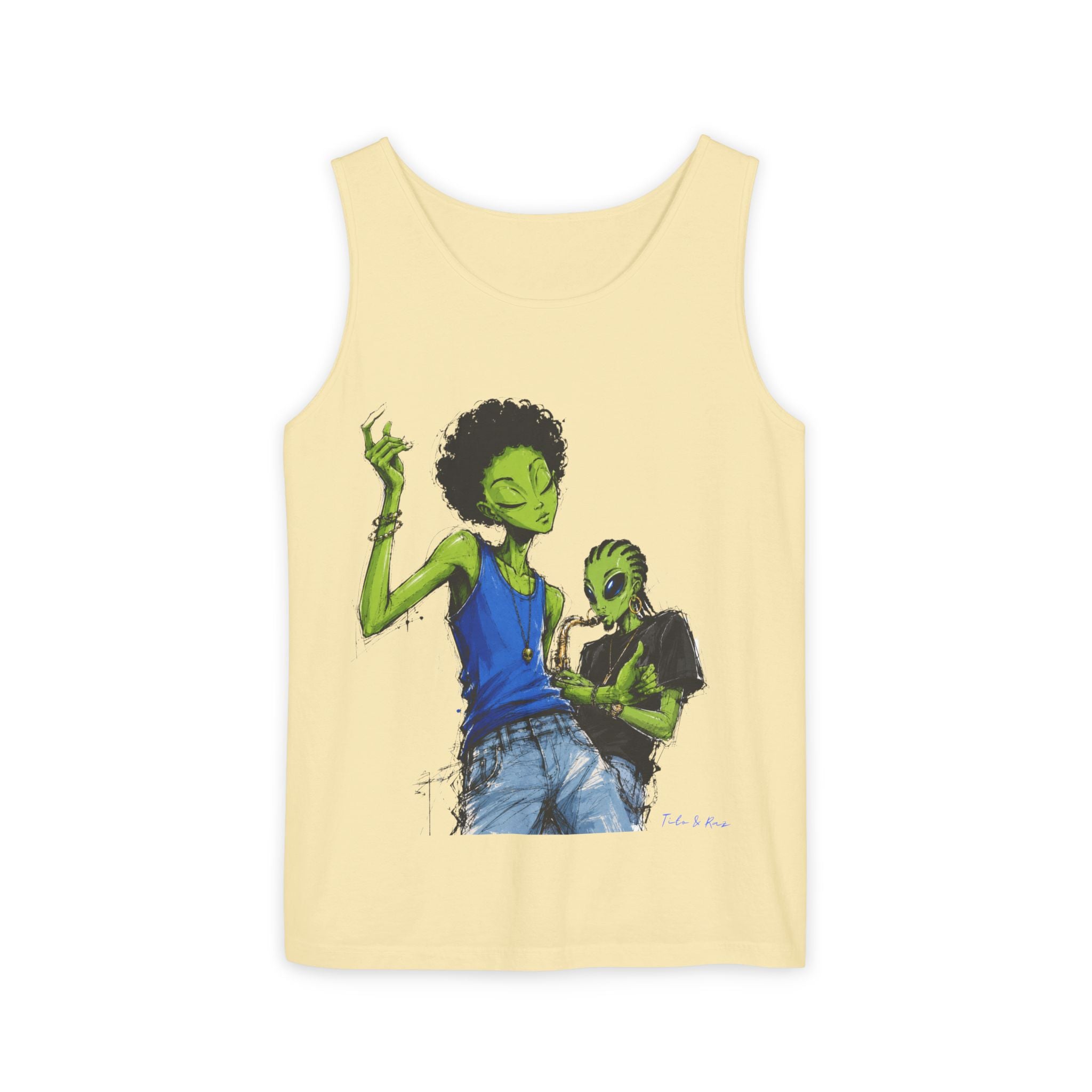 Alien Duo Graphic Tank Top — Retro Streetwear Art Tee-Tito & Raz Edition