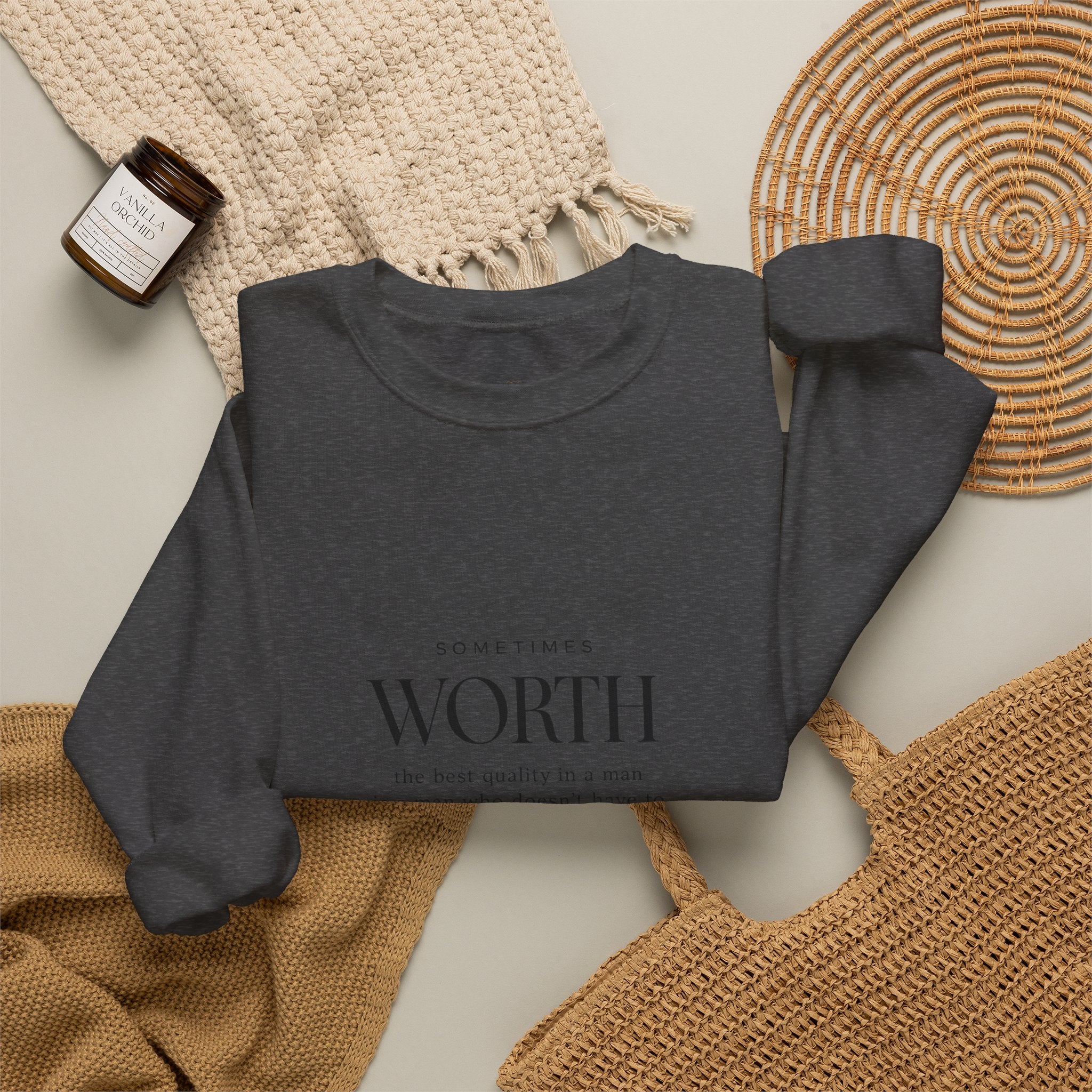 Crewneck Sweatshirt — Minimal 'Worth & Value' Inspirational Typography