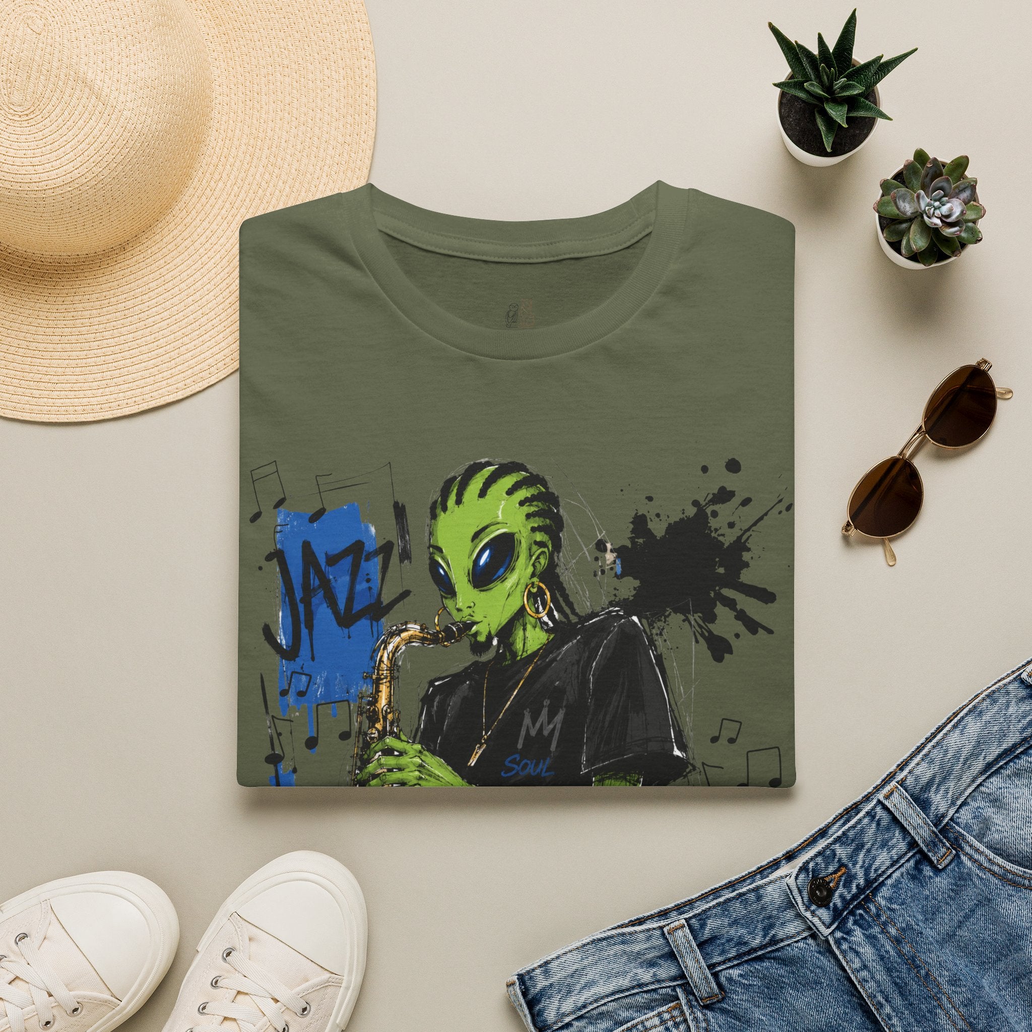 Raz Jazz Saxophone T-Shirt — Green Extraterrestrial Music Tee-Tito & Raz Edition