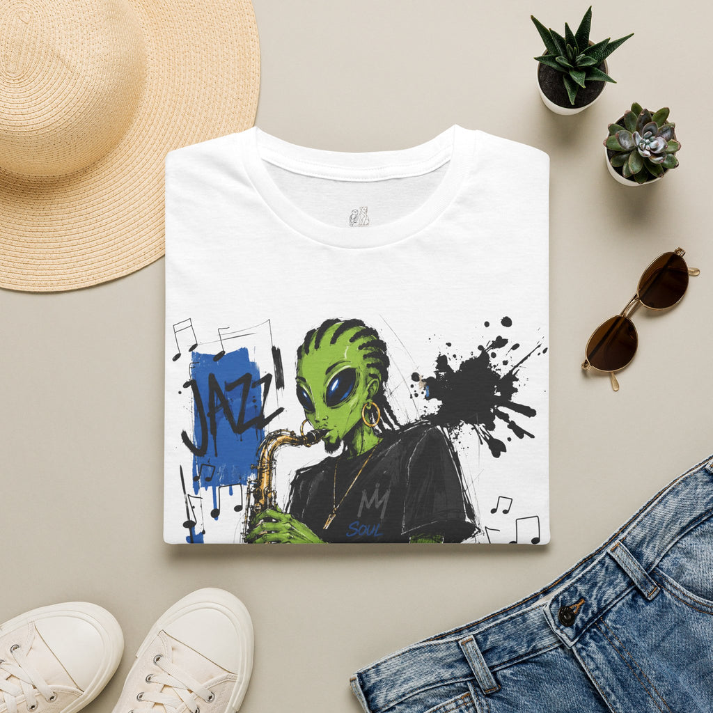 Raz Jazz Saxophone T-Shirt — Green Extraterrestrial Music Tee-Tito & Raz Edition