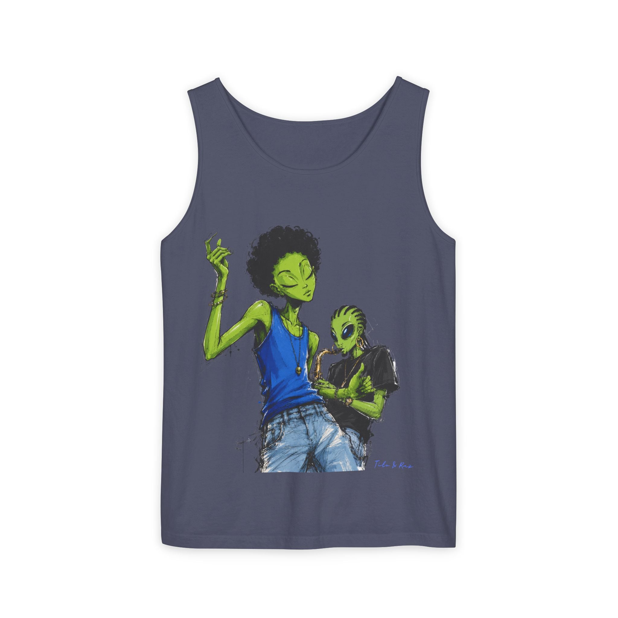Alien Duo Graphic Tank Top — Retro Streetwear Art Tee-Tito & Raz Edition