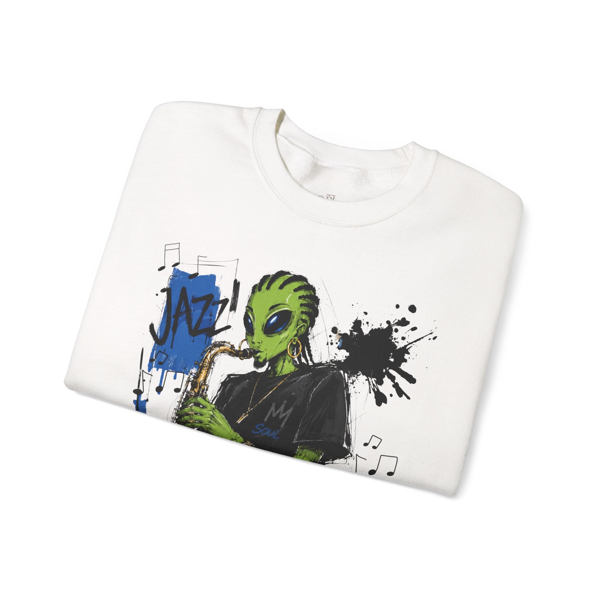 Alien Jazz Crewneck Sweatshirt — Green Extraterrestrial Sax Player Design-Tito & Raz Edition