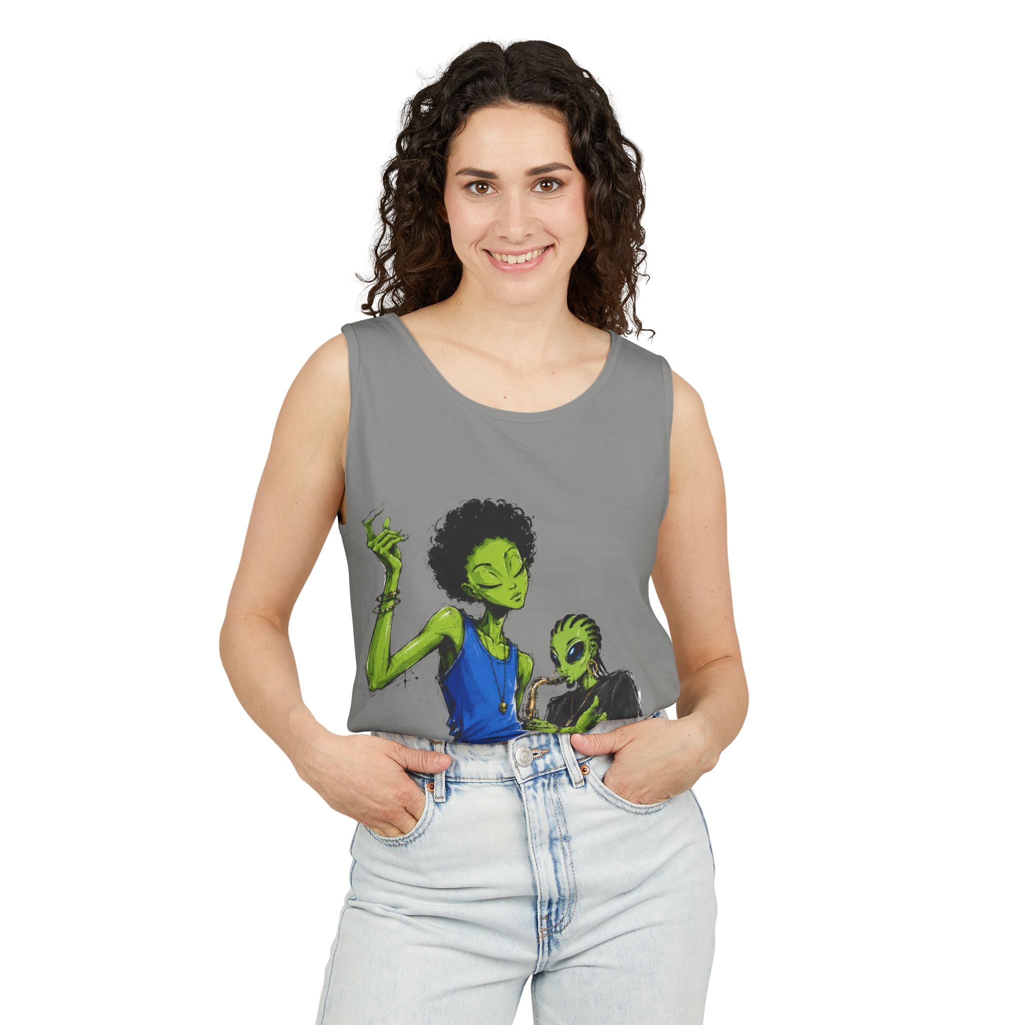 Alien Duo Graphic Tank Top — Retro Streetwear Art Tee-Tito & Raz Edition