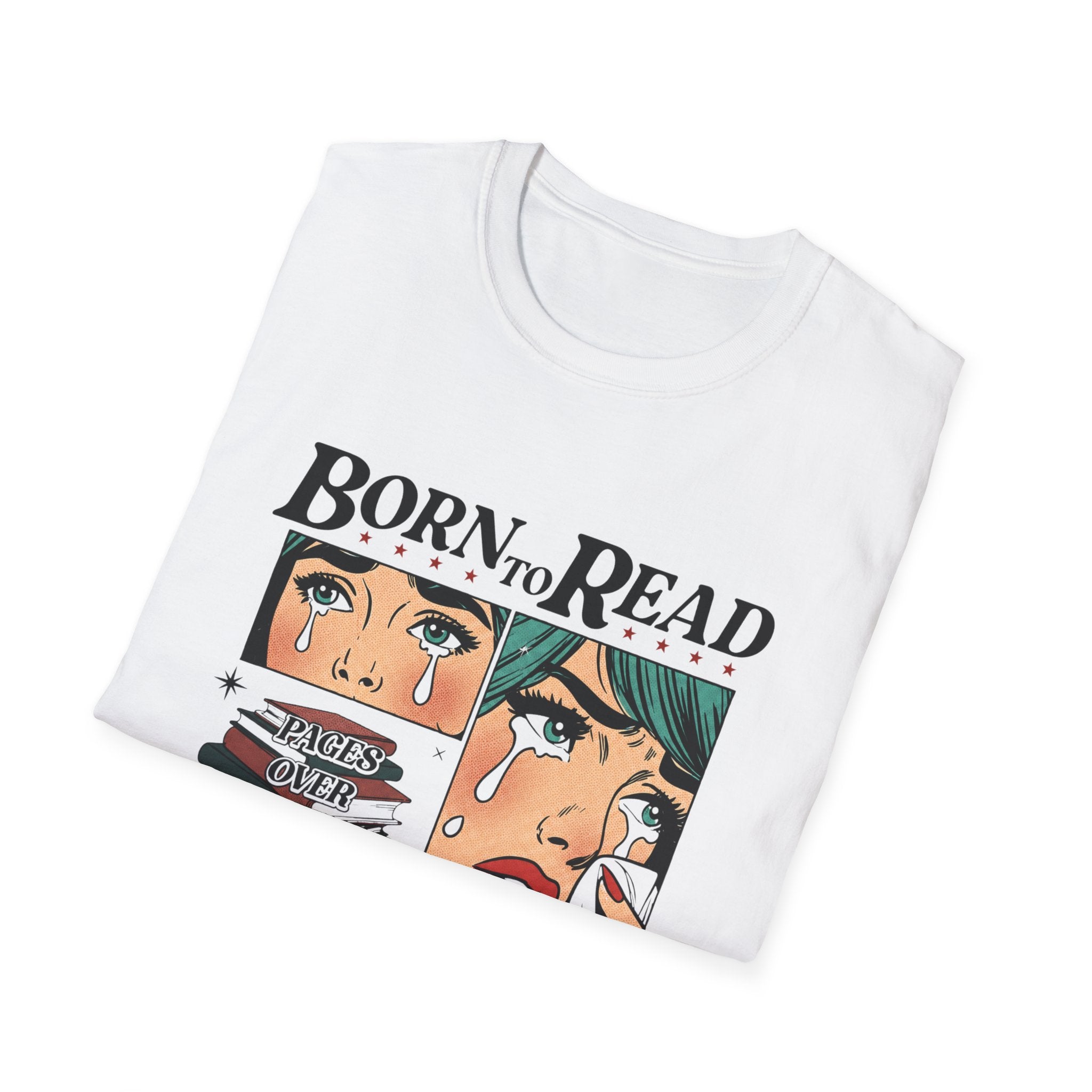 Born to Read, Forced to Work Graphic T-Shirt — Retro Pop Art Book Lover Tee (Green eyes)