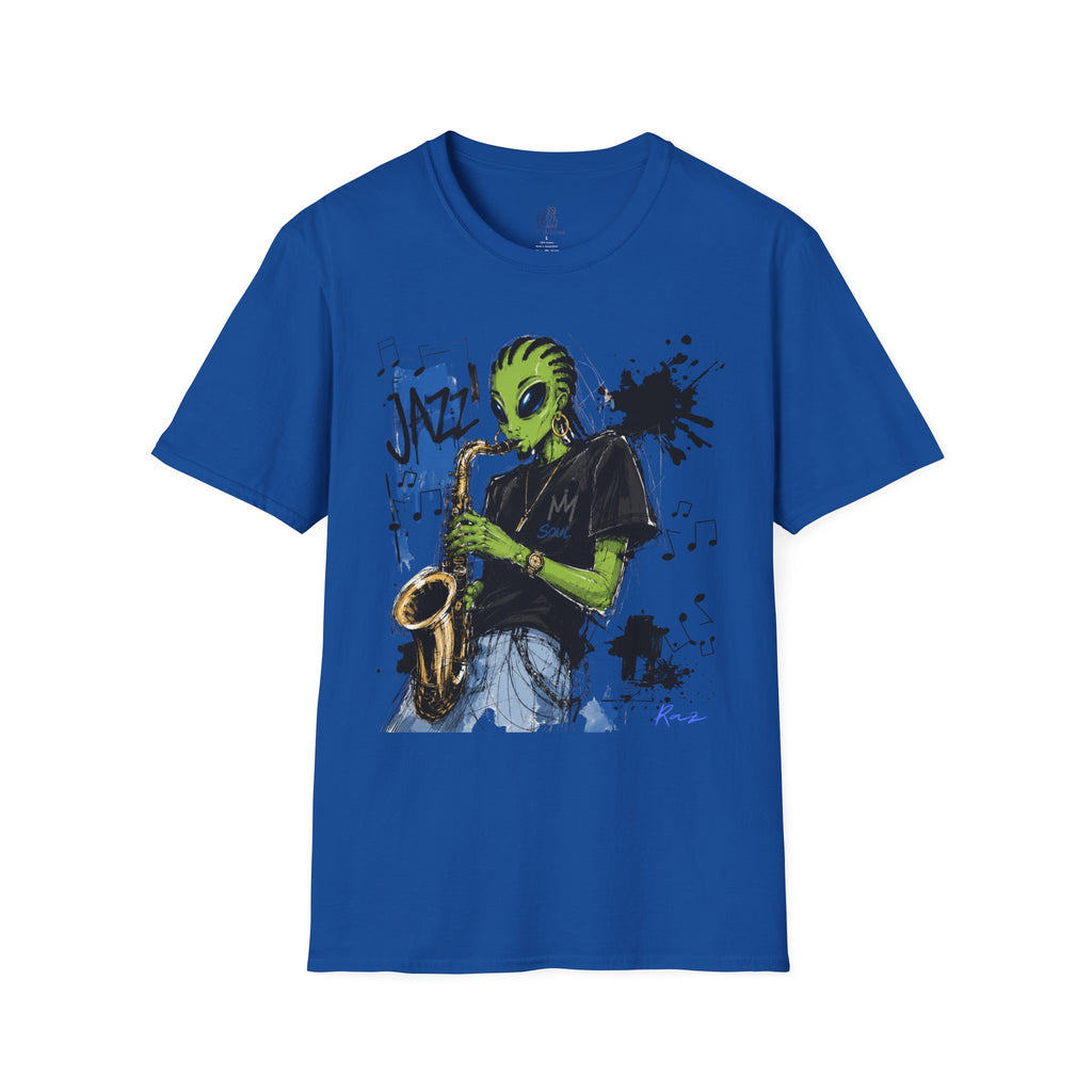 Raz Jazz Saxophone T-Shirt — Green Extraterrestrial Music Tee-Tito & Raz Edition