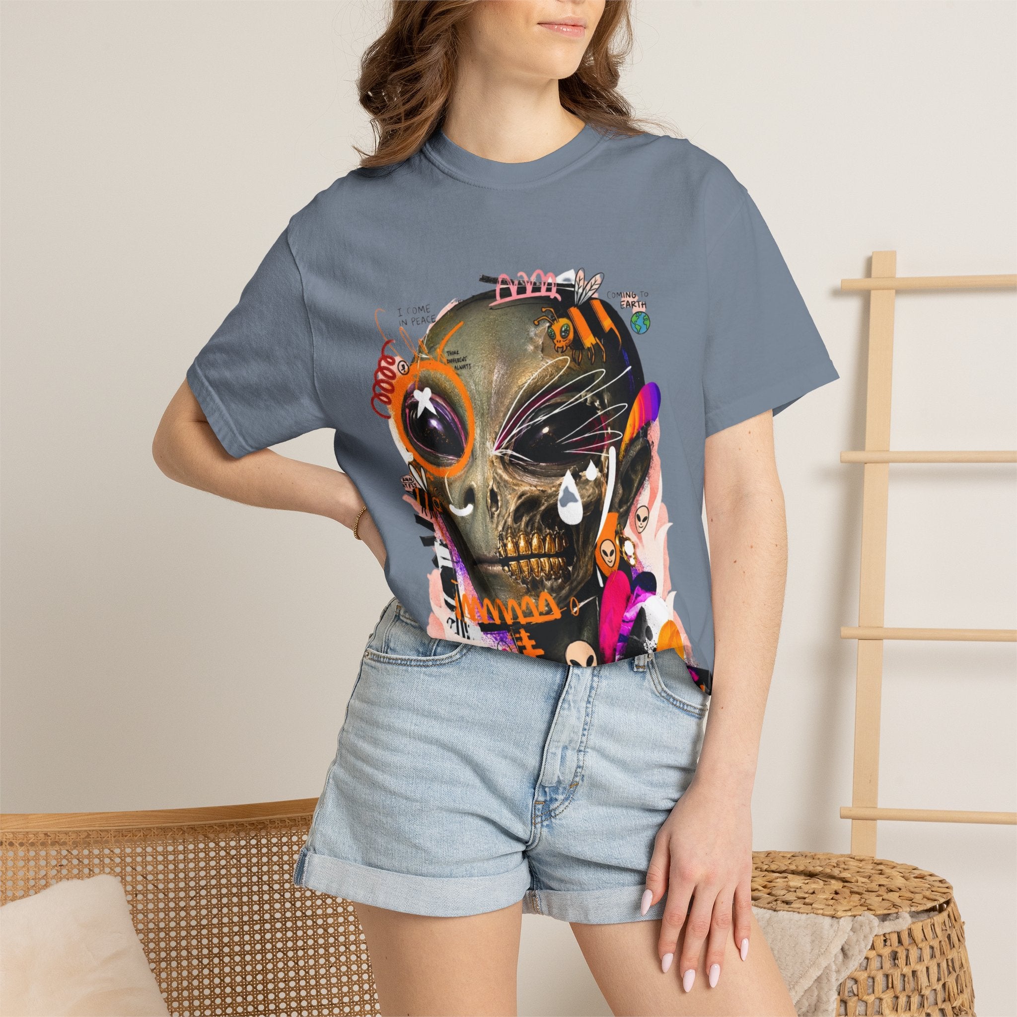 Skull Graffiti T-Shirt — Abstract Neon Alien Street Art Tee