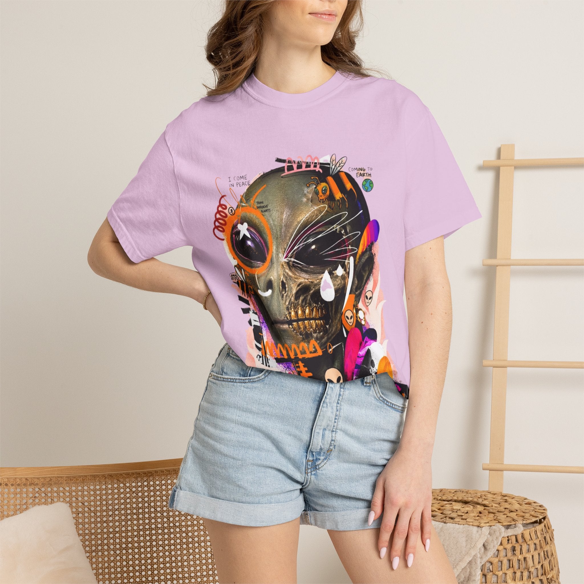 Skull Graffiti T-Shirt — Abstract Neon Alien Street Art Tee