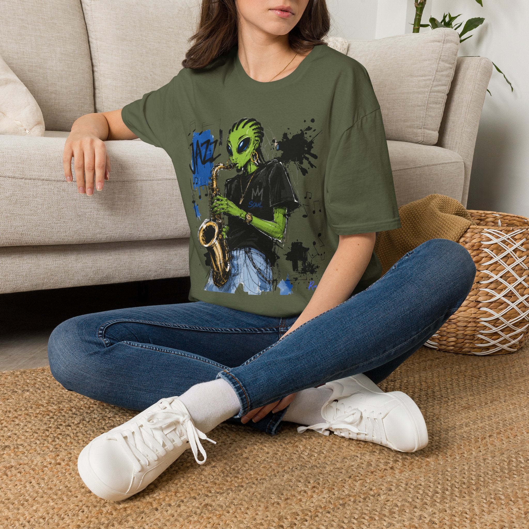 Raz Jazz Saxophone T-Shirt — Green Extraterrestrial Music Tee-Tito & Raz Edition