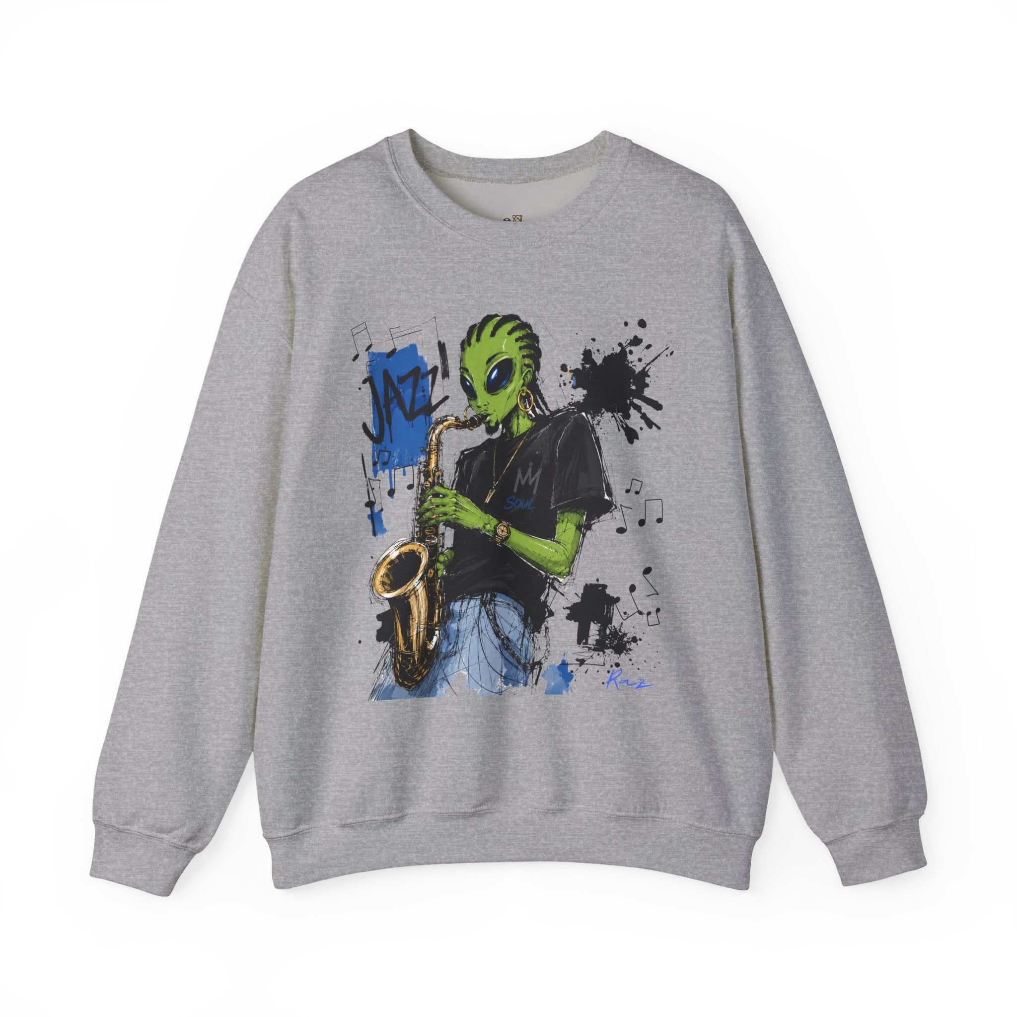 Alien Jazz Crewneck Sweatshirt — Green Extraterrestrial Sax Player Design-Tito & Raz Edition