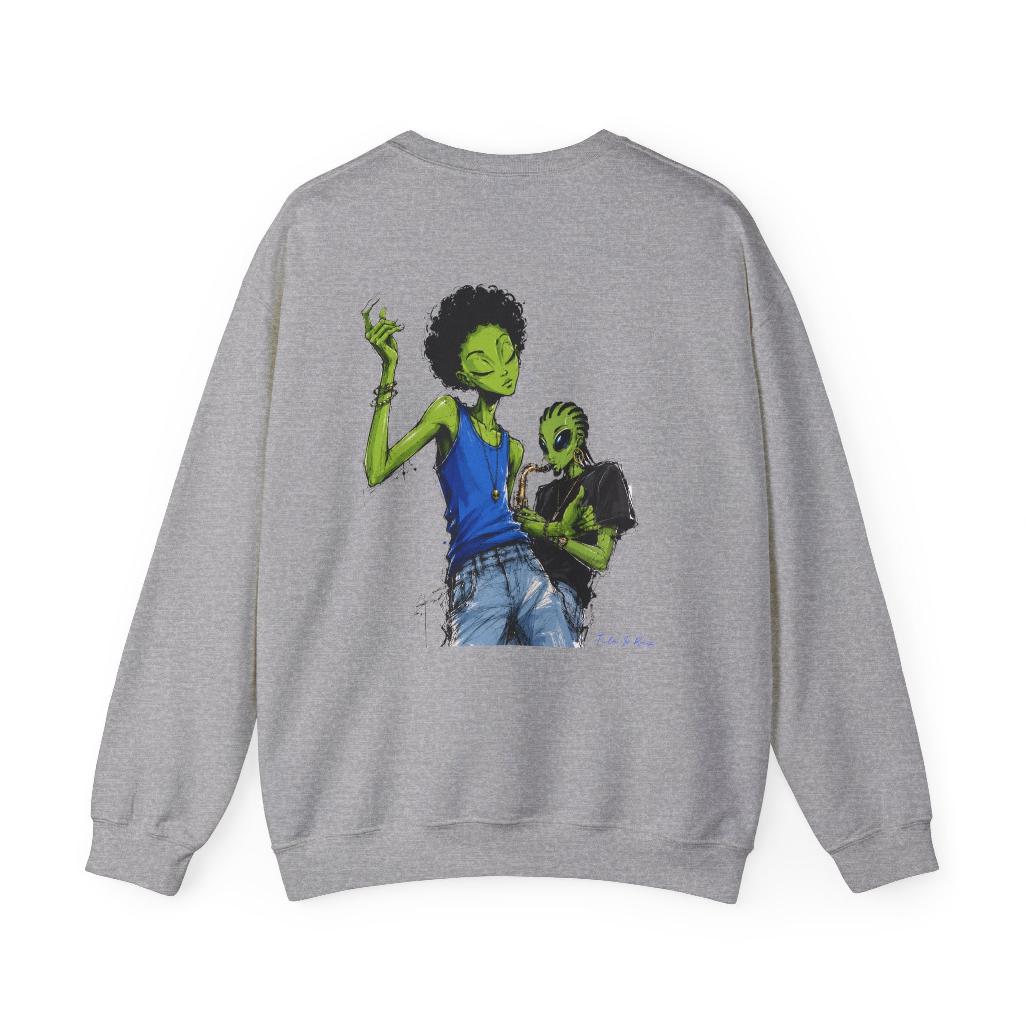 Alien Jazz Crewneck Sweatshirt — Green Extraterrestrial Sax Player Design-Tito & Raz Edition