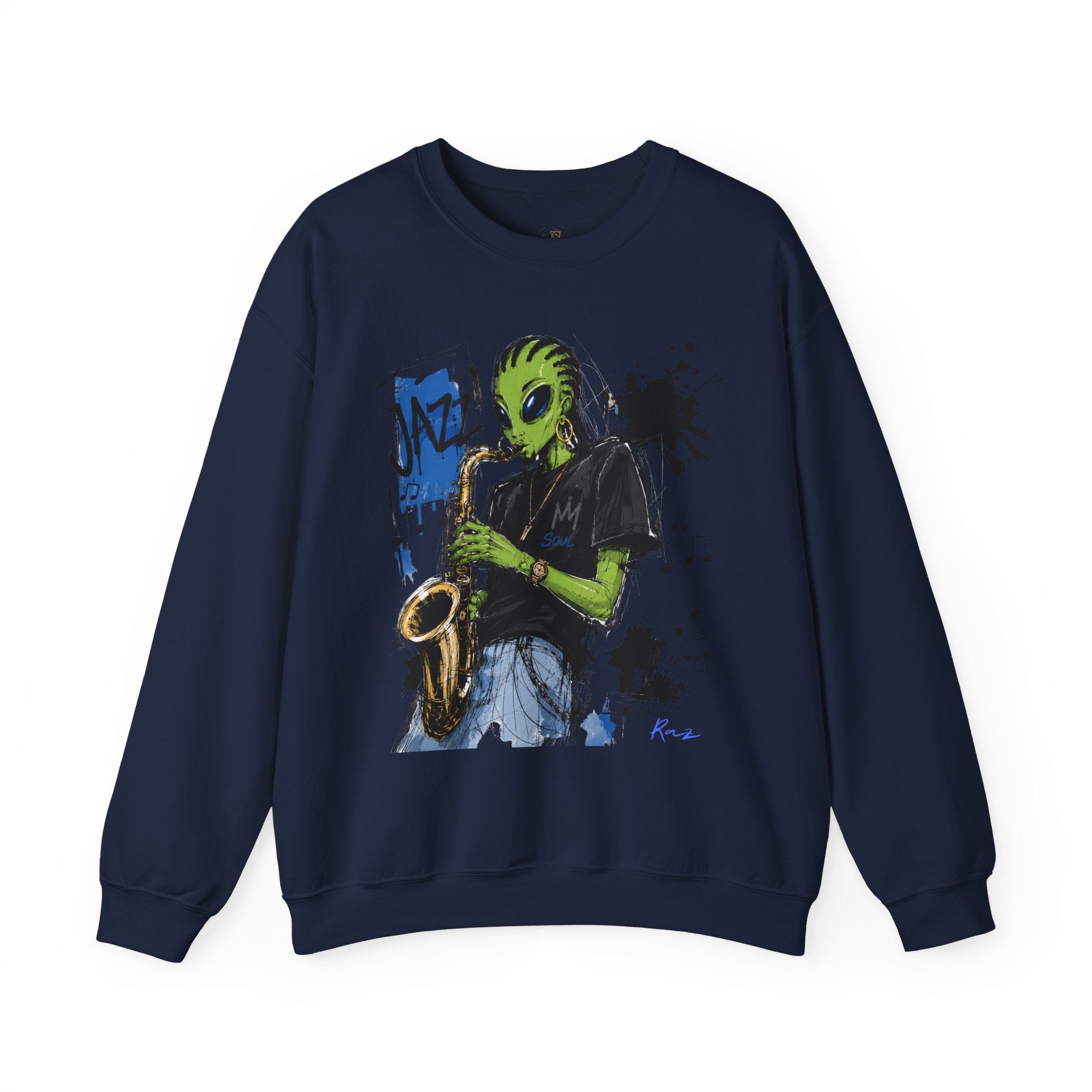 Alien Jazz Crewneck Sweatshirt — Green Extraterrestrial Sax Player Design-Tito & Raz Edition