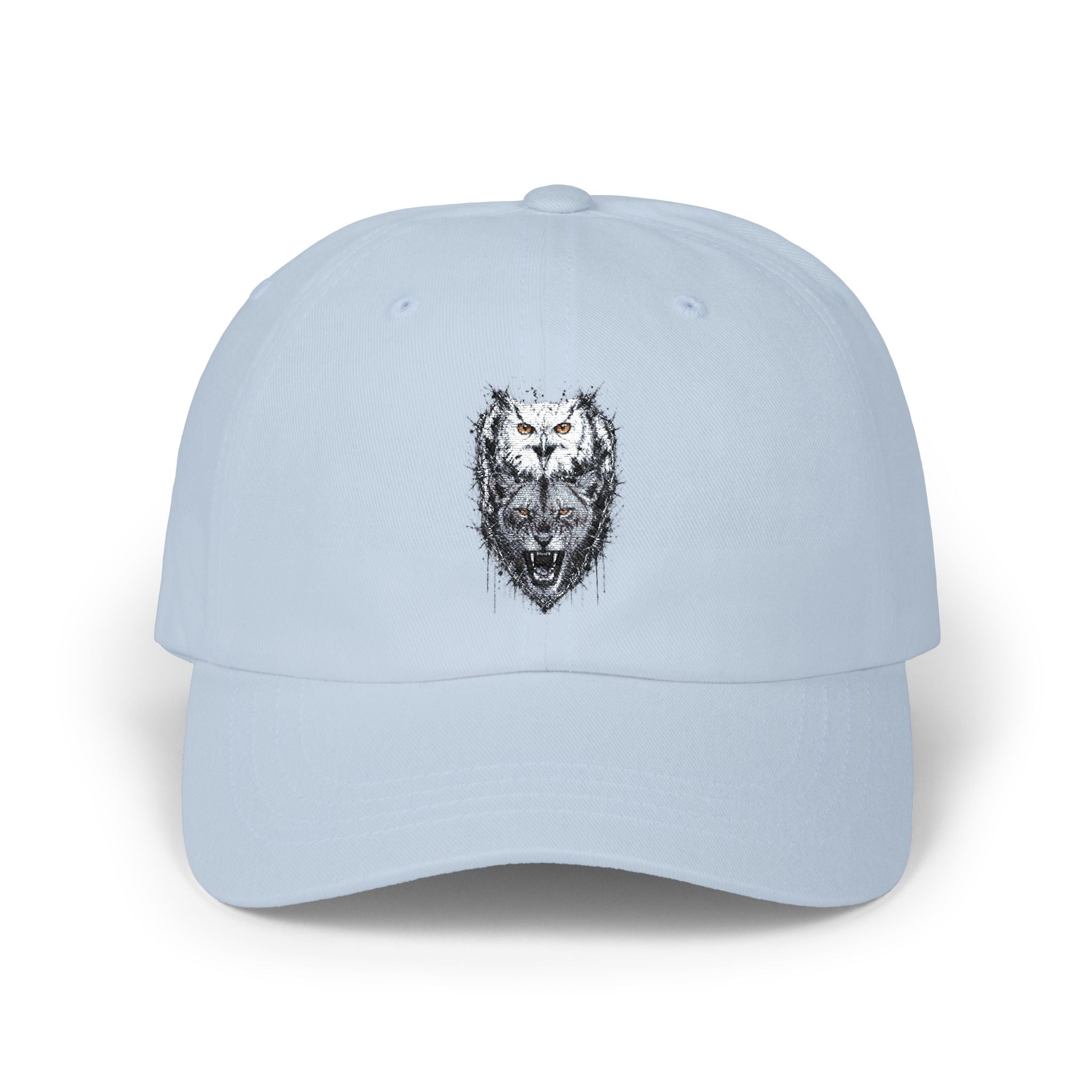 Owlix & Leona Watercolor Dad Cap — Artistic Roaring Lioness & Calm Owl Baseball Hat