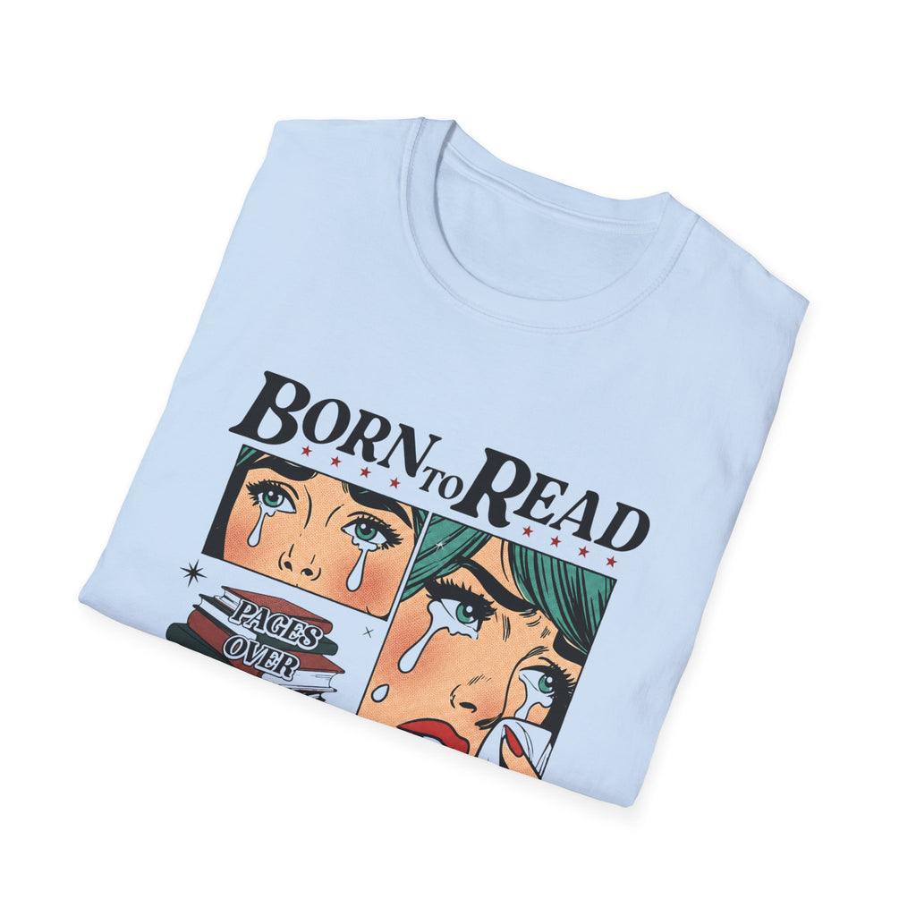Born to Read, Forced to Work Graphic T-Shirt — Retro Pop Art Book Lover Tee (Green eyes)