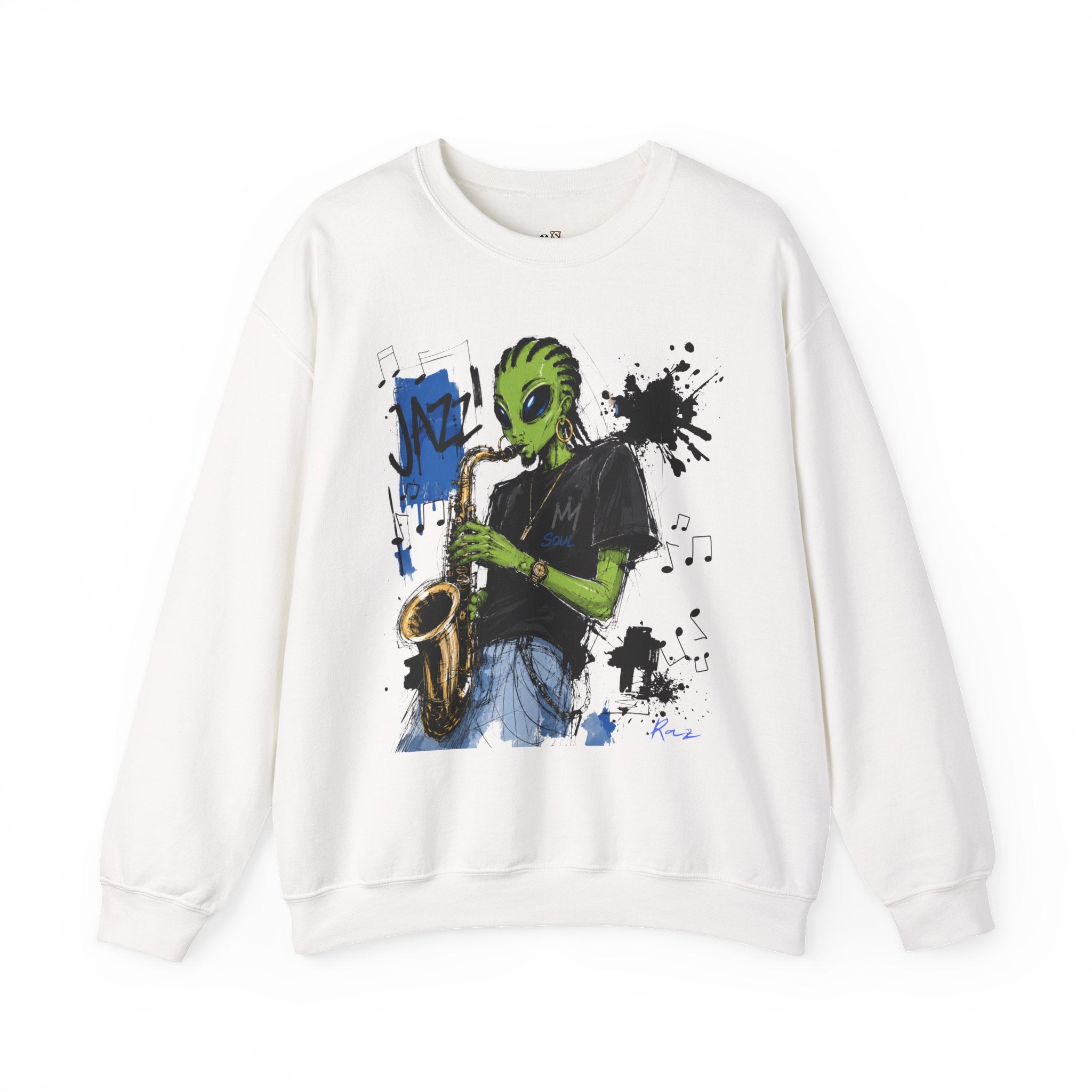 Alien Jazz Crewneck Sweatshirt — Green Extraterrestrial Sax Player Design-Tito & Raz Edition