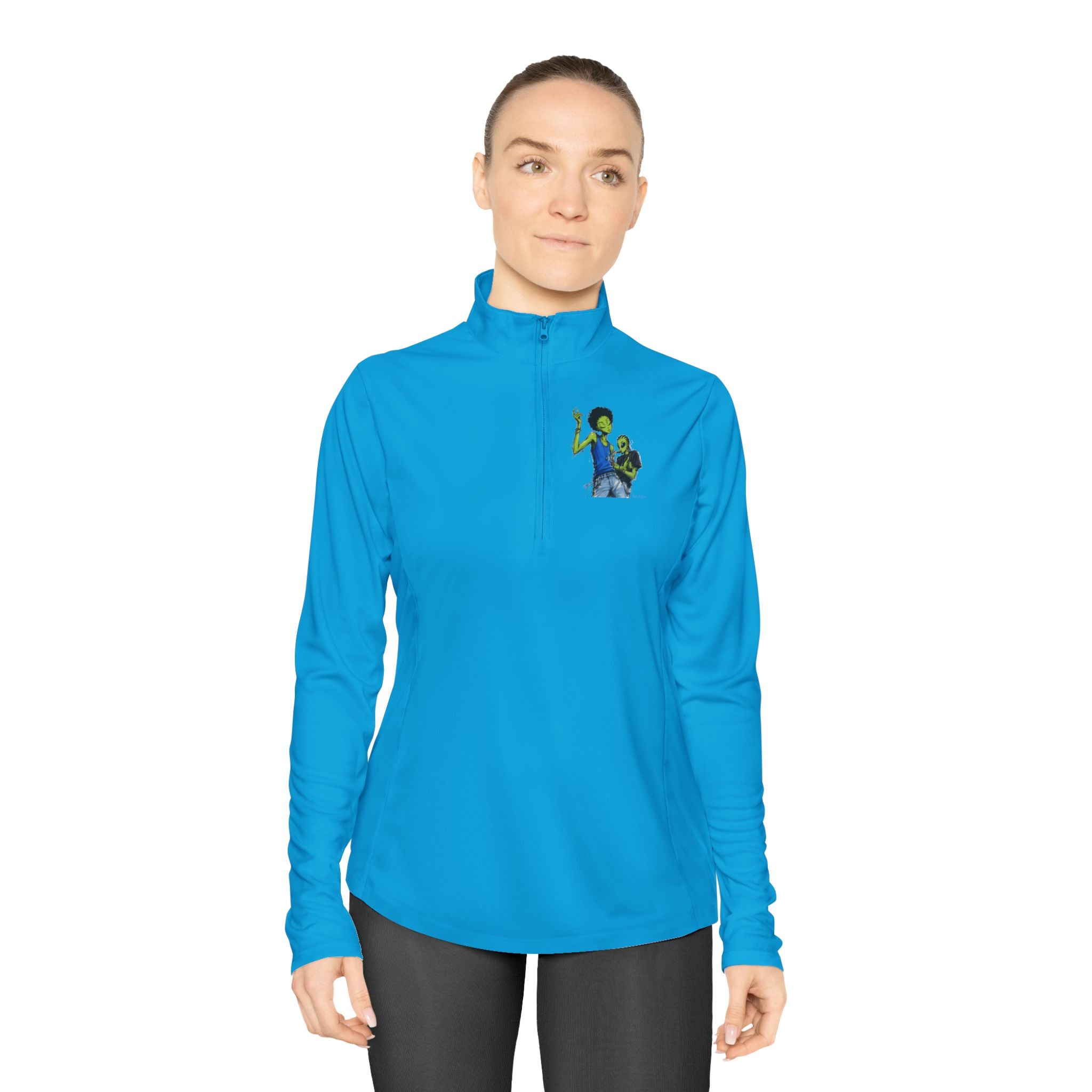 Ladies Quarter-Zip Pullover — Green Alien Pose Embroidered Performance Top
