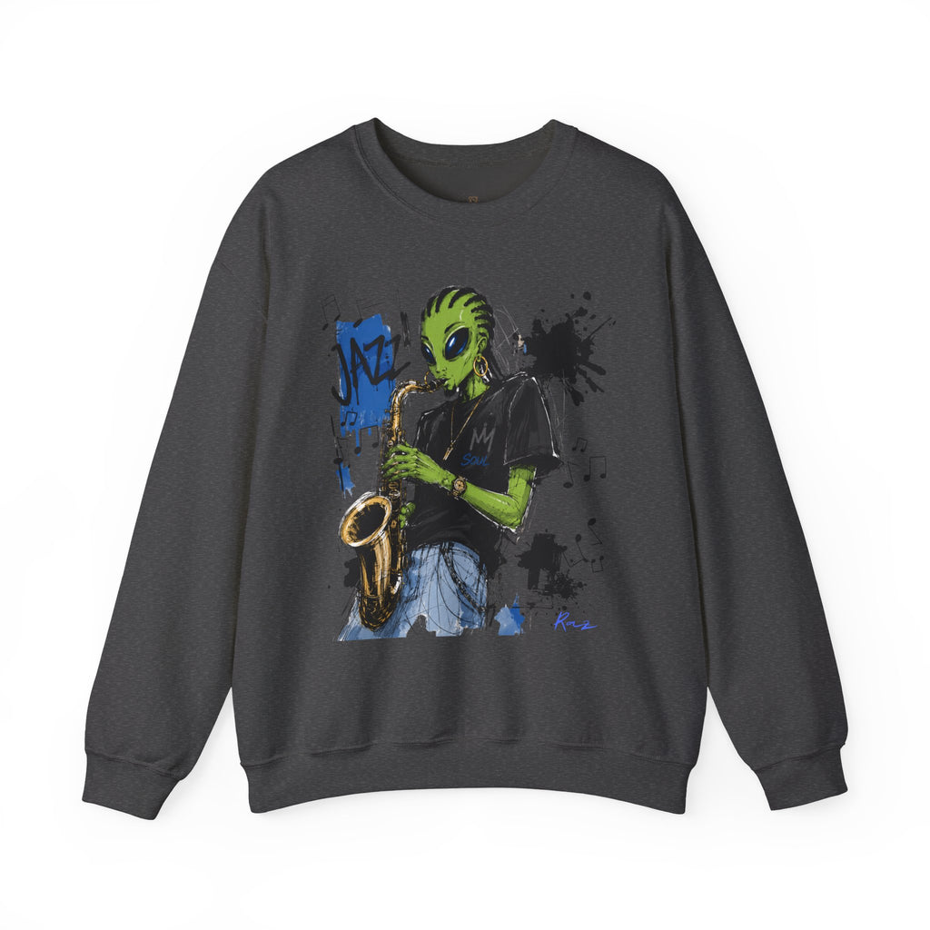 Alien Jazz Crewneck Sweatshirt — Green Extraterrestrial Sax Player Design-Tito & Raz Edition