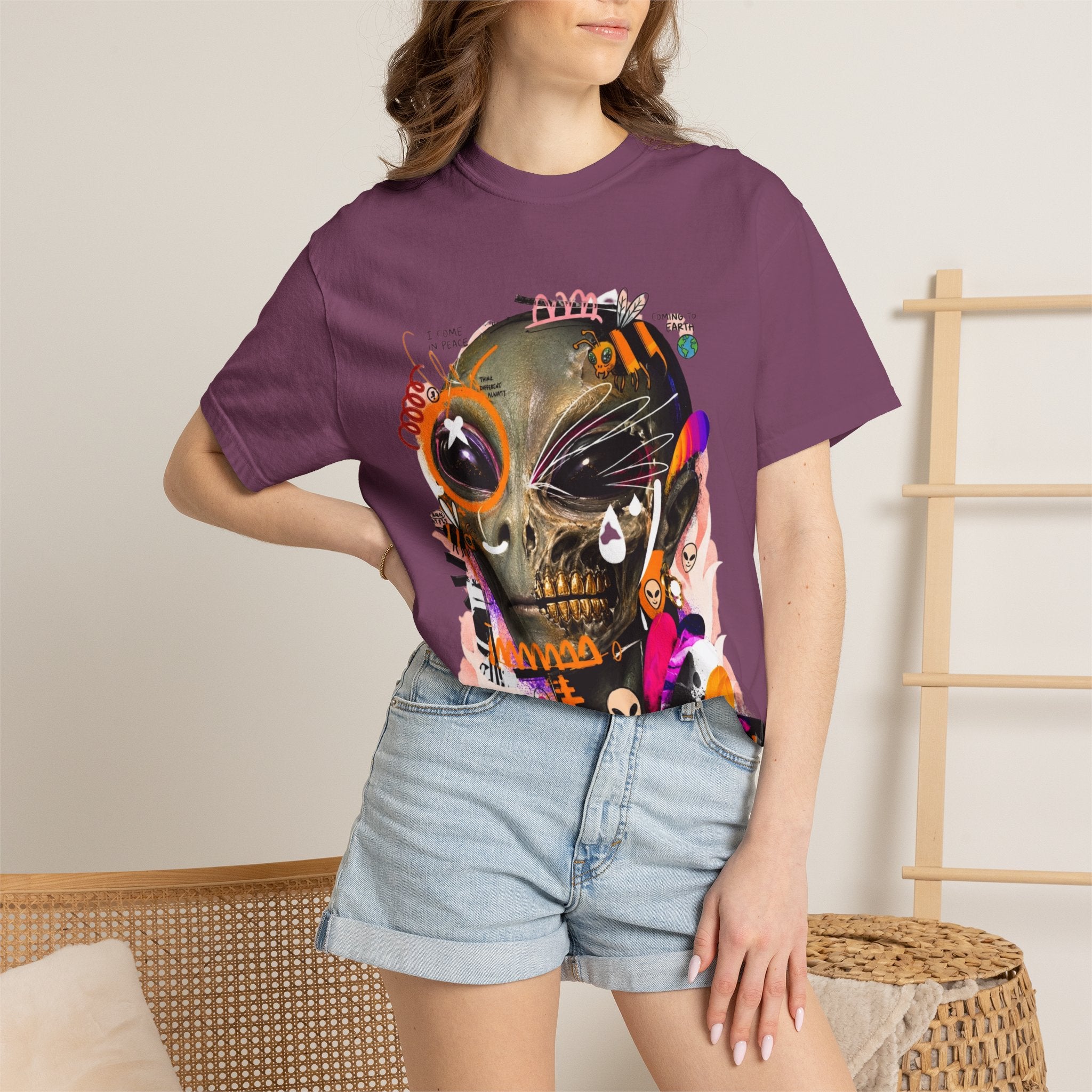 Skull Graffiti T-Shirt — Abstract Neon Alien Street Art Tee