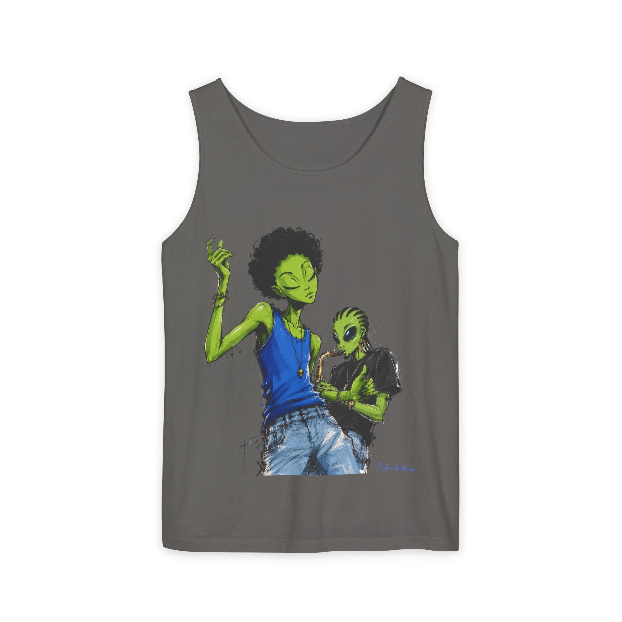 Alien Duo Graphic Tank Top — Retro Streetwear Art Tee-Tito & Raz Edition