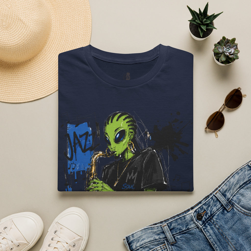 Raz Jazz Saxophone T-Shirt — Green Extraterrestrial Music Tee-Tito & Raz Edition