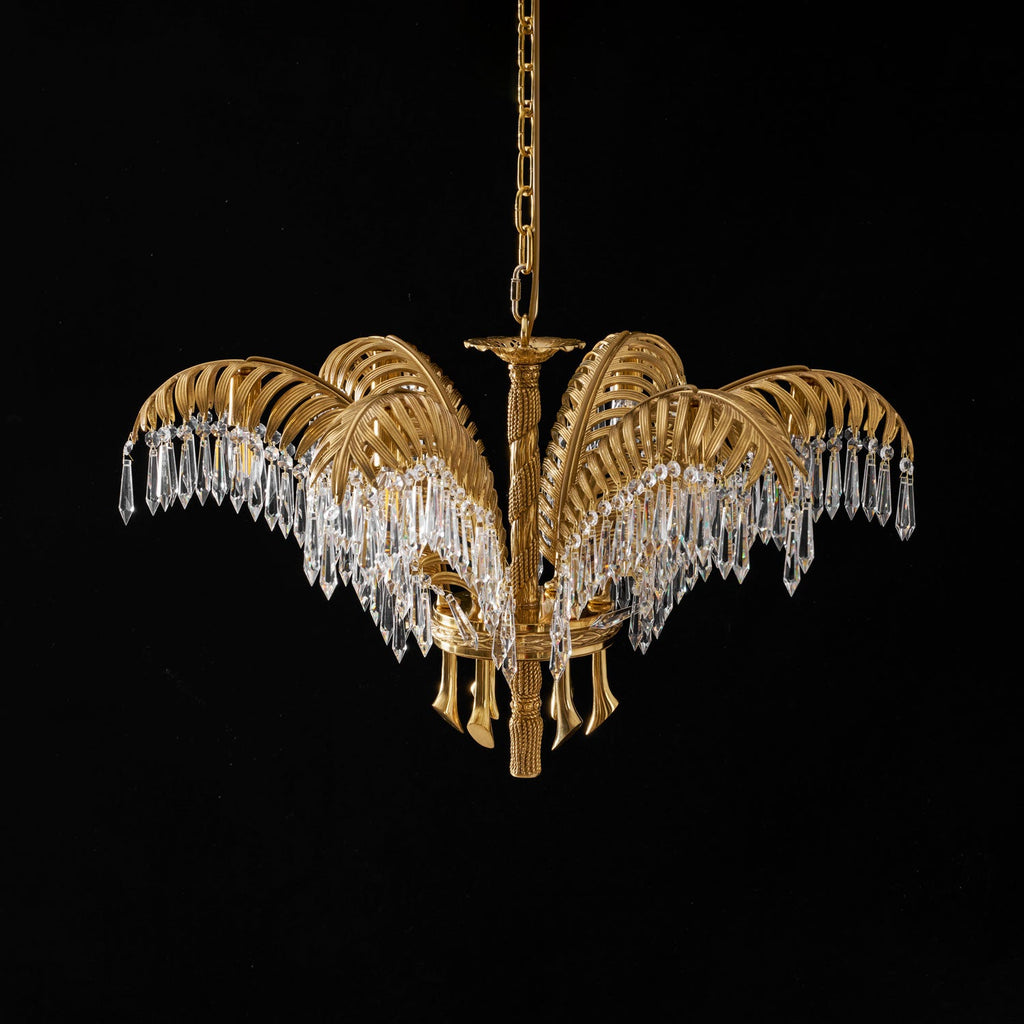 Brass Palm Leaf Crystal Chandelier