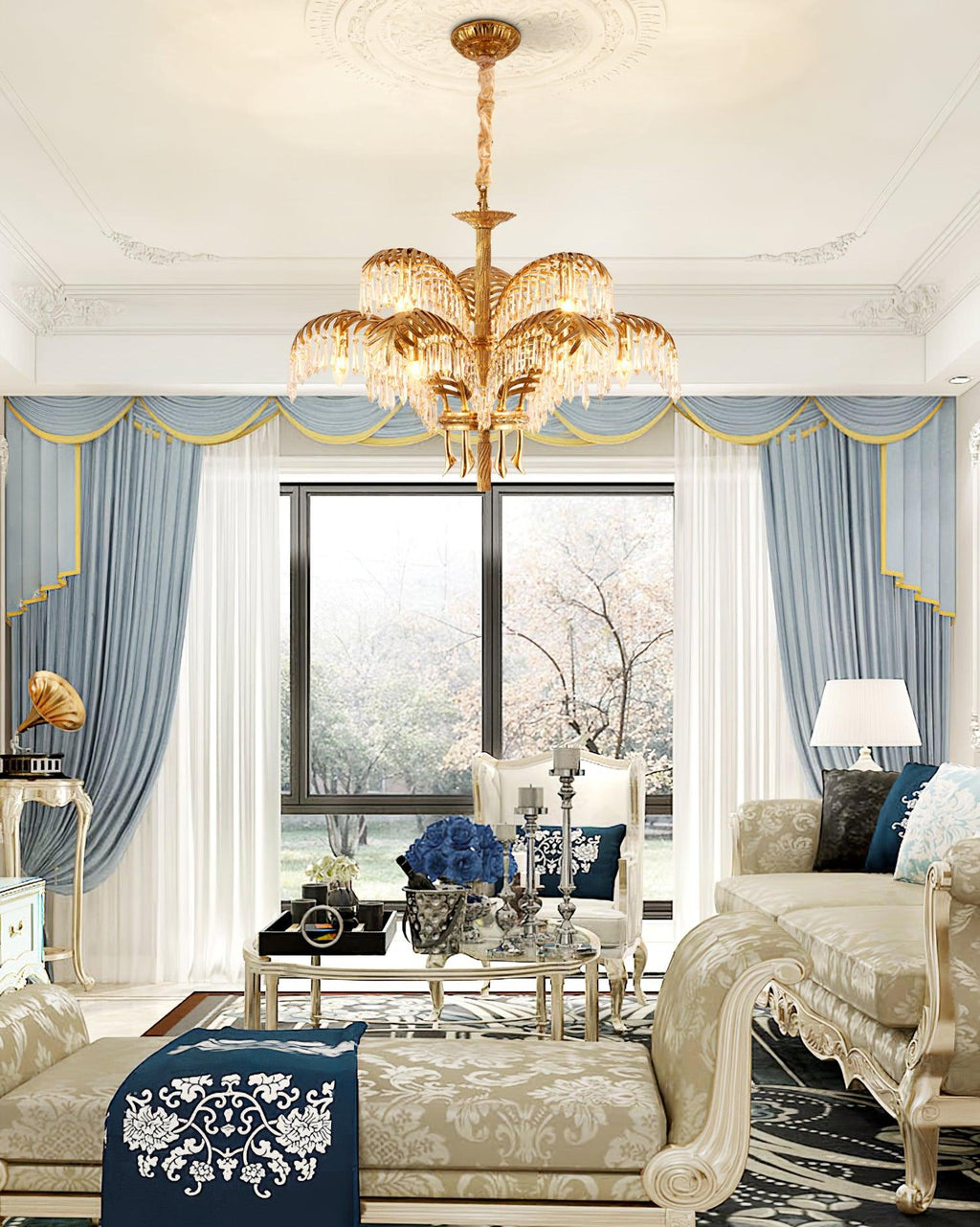 Brass Palm Leaf Crystal Chandelier
