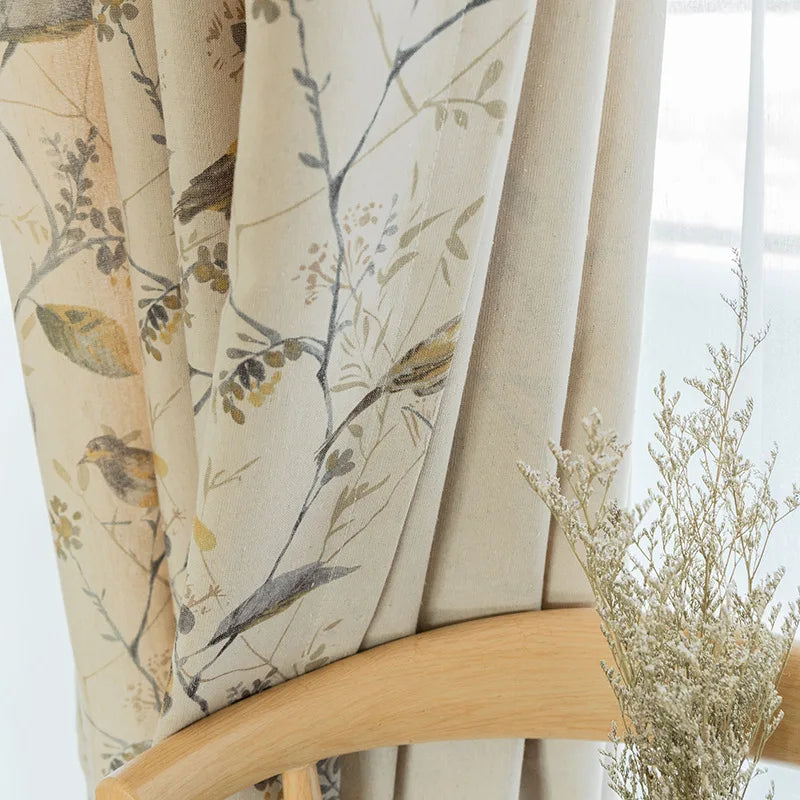 Cotton-Linen Blend Branch Print Window Curtain