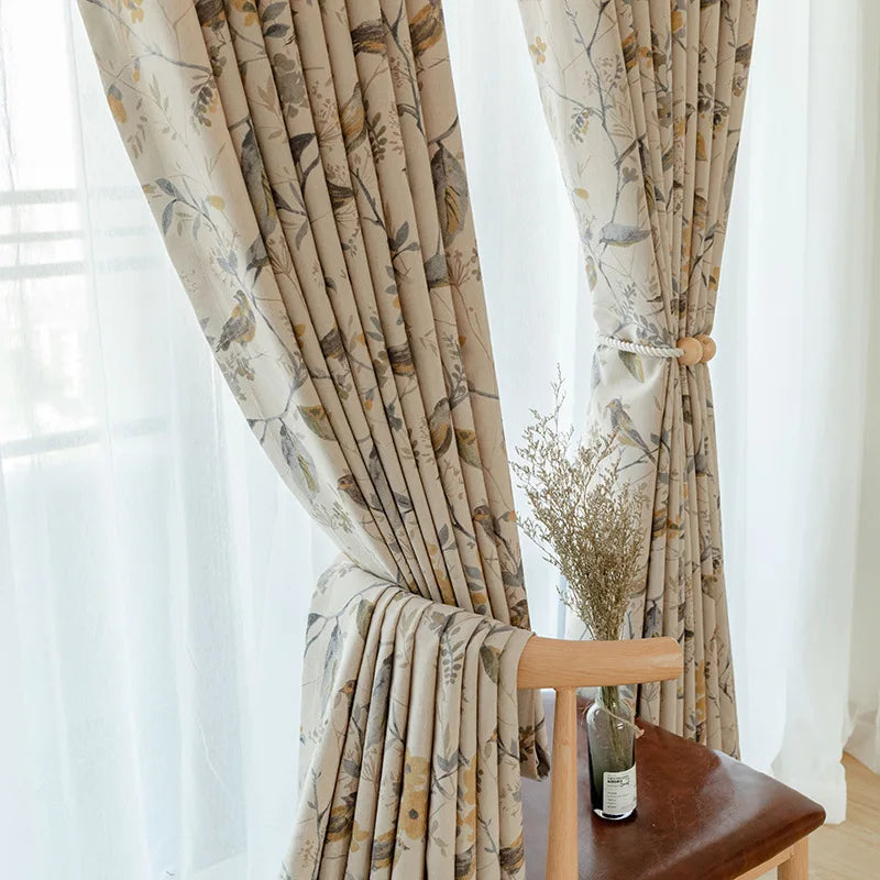 Cotton-Linen Blend Branch Print Window Curtain