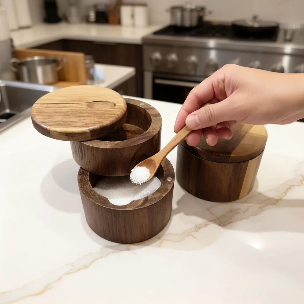 Acacia Wood Salt Cellar + Spoon