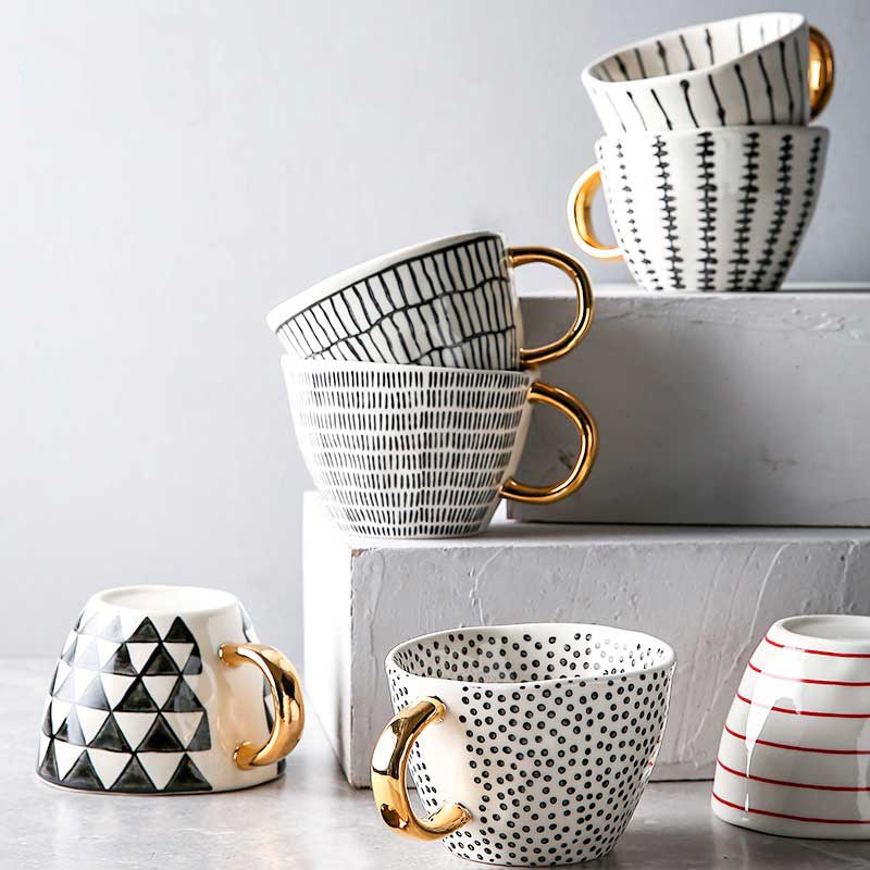 Lechsi Hand Painted Gold Handle Ceramic Mugs